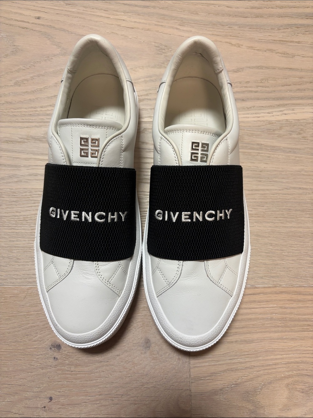 Givenchy White Leather Slip-Ons with Black Logo Band